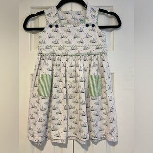 Sailboat Print Shrimp & Grits Dress with green Striped Pockets size 6